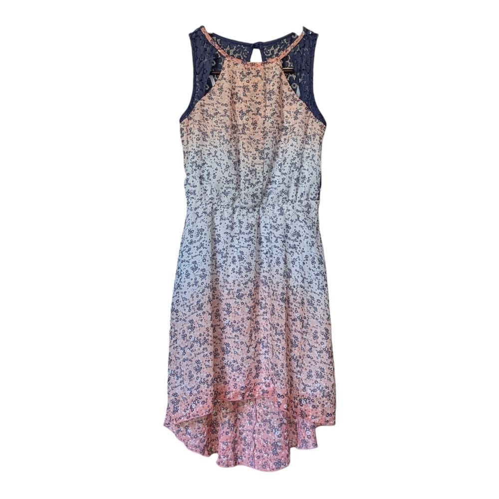 Teeze Me Dusty Blue & Pink Floral Sleeveless Racerback Dress W/Pleated Waist S